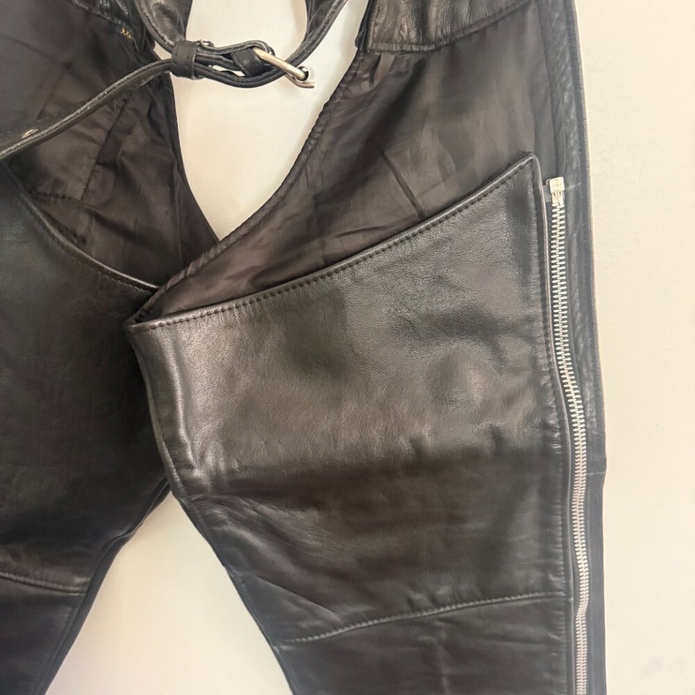 Universal Rider Heavy Black Leather Motorcycle Chaps | Men’s XXL | Lace Waist - Picture 3 of 7